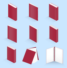 Set of vector isometric illustrations of book, notebook, notepad, magazine, booklet, brochure, book on a blue background. Notebooks open and closed