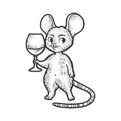 cartoon mouse with a glass of wine sketch engraving vector illustration. T-shirt apparel print design. Scratch board imitation. Black and white hand drawn image.