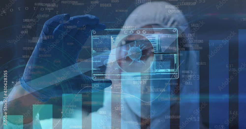 Poster statistical data processing against health worker holding futuristic screen with data processing