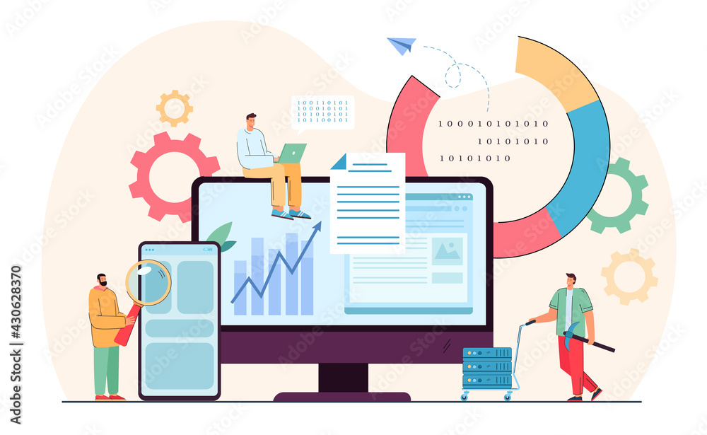 Fototapete Tiny programmers in analysis process of data. Flat vector illustration. Software people working on codes, settings, diagrams and giant gadgets. Technology industry, software analysis, research concept