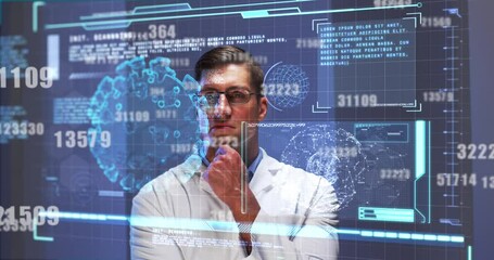 Digital interface with covid-19 cell and data processing against thoughtful caucasian male doctor - Powered by Adobe