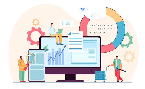 Tiny programmers in analysis process of data. Flat vector illustration. Software people working on codes, settings, diagrams and giant gadgets. Technology industry, software analysis, research concept