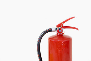 Fire extinguishers in red tank, marked with international standard, on white isolated background..