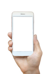 Hand holding White Smartphone,.mobile, white device,.with blank screen on white isolated background,