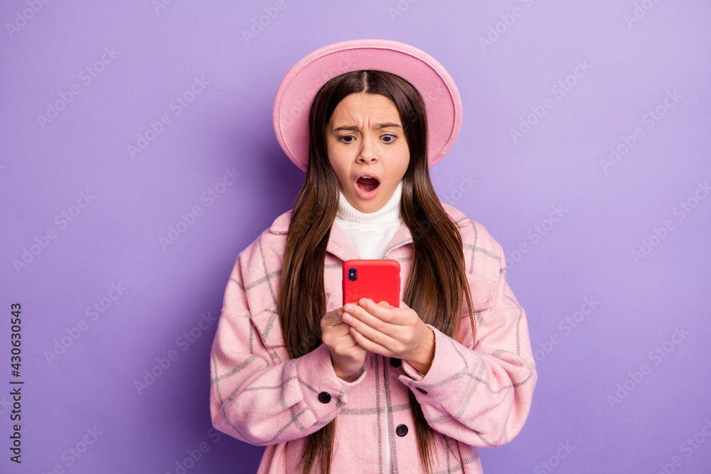 Sticker portrait of attractive focused nervous girl using device browsing media negative dislike post isolat