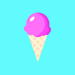 Pink Ice Cream in Cone, bright cartoon style isolated on blue background. Ice cream cone Vector illustration in nice colors. Yummy Ice cream, Summer time and beach concept background design.