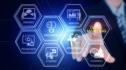 Digital Marketing Hexagonal Touch Screen Concept
Hexagonal virtual Touch Screen Concept with v man touching screen with finger and light streak