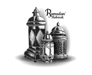 Ramadan Mubarak. lanterns hand drawing isolated on white background