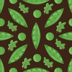 Vector pattern with fresh sweet organic green pea with leaves and herb. Backdrop with tasty vegetable ingredient.