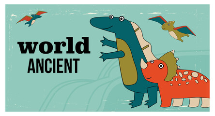 Naklejka premium Funny cute dino characters poster template. Cartoon vector illustration. Beautiful dinos template in flat colorful design. Dinosaur, history, ancient world concept for banner design, landing page