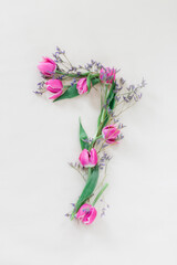 Composition of flowers. Flower number 7. Composition of tulips and lavender. Isolated on a white background.