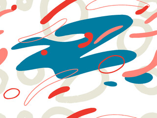 Seamless abstract doodle background pattern in bright summer positive colors. Hand-drawn abstract pattern with randomly arranged spots and dots and lines. Pencil and paint texture.