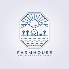 barn house evergreen farm land logo vector icon line art simple illustration design frame logo badge emblem