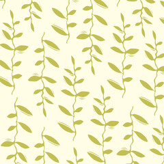 Vector square linocut pattern with mustard plants on ocher background. Vector beige floral print.