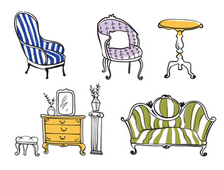 Set of antique furniture objects, line drawing vector art