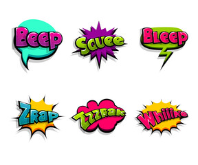 Lettering beep, zrap, wow noise. Comic text logo sound effects. Vector bubble icon speech phrase, cartoon font label, sounds illustration. Comics book funny text.