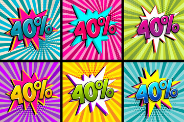 Comic text 40 percent sale set discount. Colored speech bubble on radial background. Comics book explosion wow boom offer collection. Halftone radial vintage. Promo sale forty percent poster