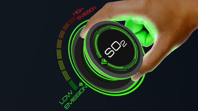 So2 Emission Concept with knob button changing value Low Emission to High Emission  and reverse