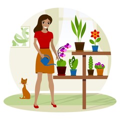 Young woman watering potted plant at home. Vector illustration.