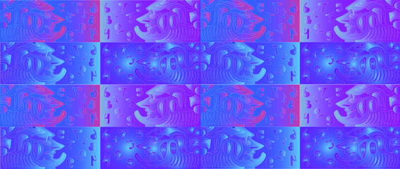Numbers and faces on a blue-purple horizontal background. Use for design and textures