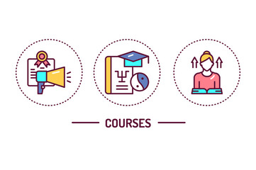 Courses color line icons concept. Outline pictograms for web page, mobile app, promo.