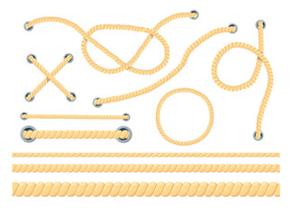 Cartoon set of different ropes flat vector illustration. Colorful collection of different types of cords, strings with loops and knots. Knot tying, tourism concept for border, banner design