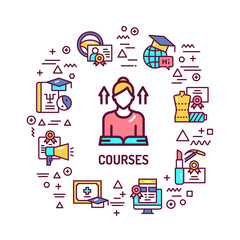 Courses web banner. Infographics with linear icons on white background. Creative idea concept. Isolated outline color illustration.