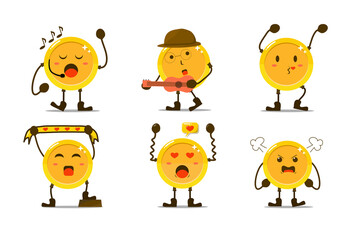 Set of cute gold coin in different poses