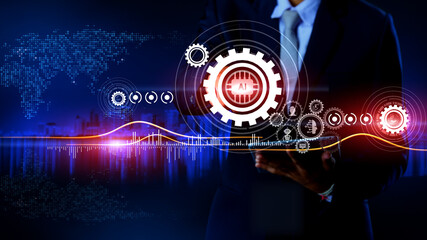 Artificial intelligence Technology concept.Rotating Gears with icon surrounded by city and Moving world map