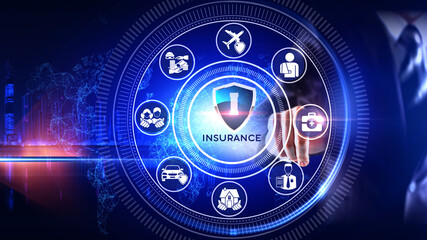 Insurance Icon Concept Rotating wheel with icon surrounded by city Center and spoke Concept