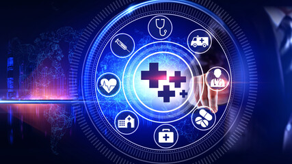 Medical Icon Concept Rotating wheel with icon surrounded by city Center and spoke Concept