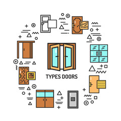 Types doors web banner. Infographics with linear icons on white background. Creative idea concept. Isolated outline color illustration.