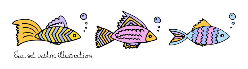 Set of colorful fish blowing bubbles. Marine set of vector illustrations for printing on textiles, paper, for children.