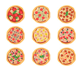 Set of cartoon pizzas with different stuffing. Flat vector illustration. Top view collection of various chicken, pepperoni pizzas isolated in white background. Food, menu, pizza, cuisine concept
