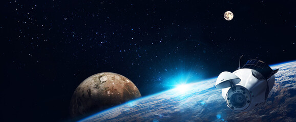 Space   station on orbit of the Earth planet and universe background. Elements of this image...