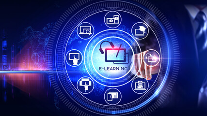 E-Learning Icon Concept Rotating wheel with icon surrounded by city Center and spoke Concept