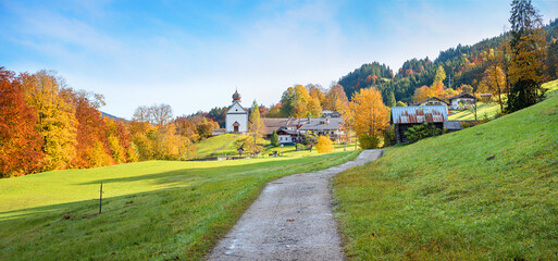 pictorial church village Wamberg in autumn, hiking destination above Garmisch, bavaria