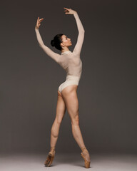 Young beautiful skinny ballerina is posing in studio - obrazy, fototapety, plakaty