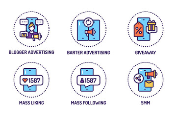 SMM tools promotion line color icons set. Isolated vector element.