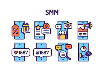 SMM tools promotion line color icons set. Isolated vector element.