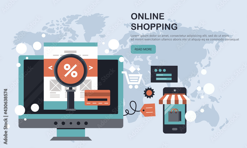 Wall mural on line shopping and payment methods. mobile payments. pay per click and online order. flat vector i