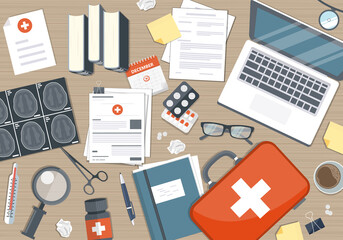 Medical research banner. Medical workplace. Flat vector illustration