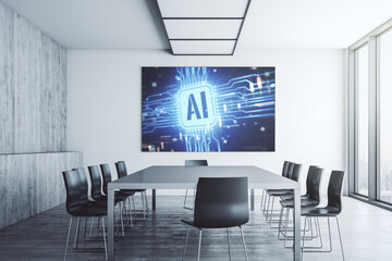 Creative artificial Intelligence icon on presentation tv screen in a modern meeting room. Neural networks and machine learning concept. 3D Rendering