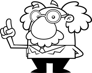 Outlined Funny Science Professor Cartoon Character Pointing Up Index Finger And Giving Advice Or Suggestion. Vector Hand Drawn Illustration Isolated On Transparent Background