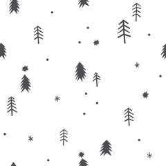 Dot star pine vector seamless pattern. Cute tiny decorative Scandinavian winter background. Snowy Christmas forest abstract monochrome print design.