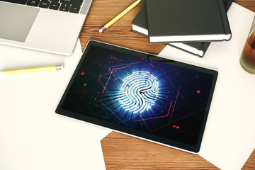 Modern digital tablet monitor with abstract fingerprint scan interface, digital access concept. Top view. 3D Rendering