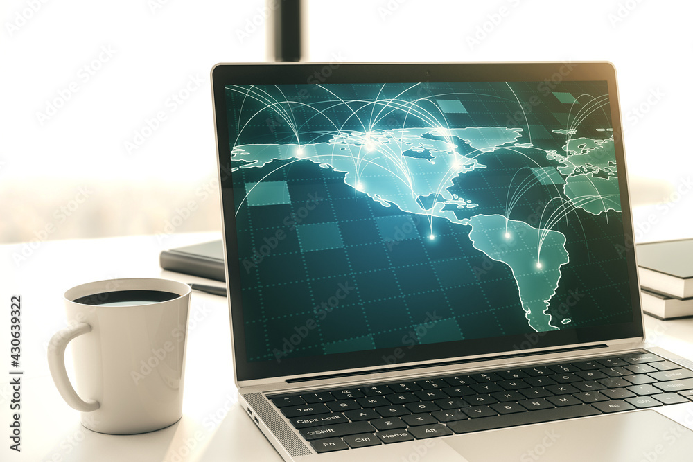 Aufkleber Abstract digital world map with connections on modern computer monitor, big data and blockchain concept. 3D Rendering