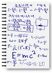 Ink scrawls on a white notebook. Notepad, formulas, shapes, physics. The concept of education. Illustrations can be used to return to the school topic, physics, natural sciences
