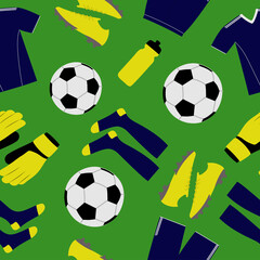 Seamless pattern of soccer equipment. Colorful objects on green background