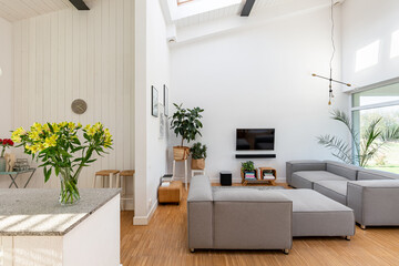 Yellow flowers on the counter in open space living and dining room interior with grey lounge...